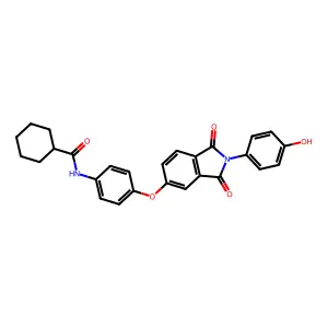 N-[4-[2-(4-hydroxyphenyl)-1,3-dioxoisoindol-5-yl]oxyphenyl]cyclohexanecarboxamide structure