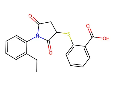 2-{[1-(2-Ethylphenyl)-2,5-dioxopyrrolidin-3-yl]sulfanyl}benzoic acid structure