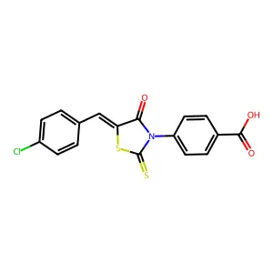 4-[(5Z)-5-[(4-chlorophenyl)methylidene]-4-oxo-2-sulfanylidene-1,3-thiazolidin-3-yl]benzoic acid structure