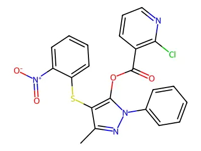 [5-methyl-4-(2-nitrophenyl)sulfanyl-2-phenyl-pyrazol-3-yl] 2-chloropyridine-3-carboxylate structure