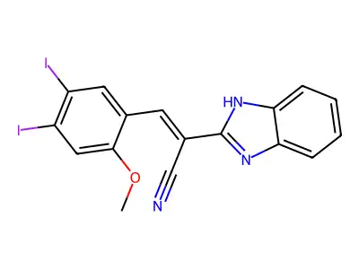 (E)-2-(1H-benzimidazol-2-yl)-3-(4,5-diiodo-2-methoxyphenyl)prop-2-enenitrile structure