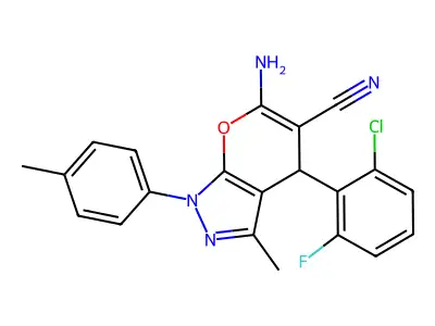 6-amino-4-(2-chloro-6-fluorophenyl)-3-methyl-1-(4-methylphenyl)-1,4-dihydropyrano[2,3-c]pyrazole-5-carbonitrile structure