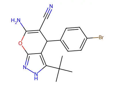 6-amino-4-(4-bromophenyl)-3-tert-butyl-1,4-dihydropyrano[2,3-c]pyrazole-5-carbonitrile structure