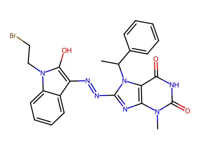 (E)-8-(2-(1-(2-bromoethyl)-2-oxoindolin-3-ylidene)hydrazinyl)-3-methyl-7-(1-phenylethyl)-1H-purine-2,6(3H,7H)-dione structure