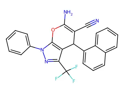 6-amino-4-(1-naphthyl)-1-phenyl-3-(trifluoromethyl)-1,4-dihydropyrano[2,3-c]pyrazole-5-carbonitrile structure