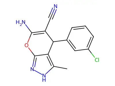 6-amino-4-(3-chlorophenyl)-3-methyl-1,4-dihydropyrano[2,3-c]pyrazole-5-carbonitrile structure