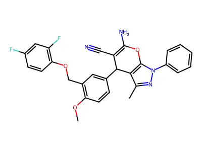 6-amino-4-{3-[(2,4-difluorophenoxy)methyl]-4-methoxyphenyl}-3-methyl-1-phenyl-1,4-dihydropyrano[2,3-c]pyrazole-5-carbonitrile structure