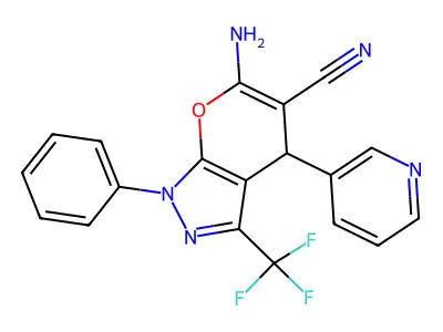 6-amino-1-phenyl-4-(pyridin-3-yl)-3-(trifluoromethyl)-1,4-dihydropyrano[2,3-c]pyrazole-5-carbonitrile structure