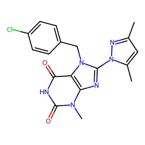 7-(4-chlorobenzyl)-8-(3,5-dimethyl-1H-pyrazol-1-yl)-3-methyl-1H-purine-2,6(3H,7H)-dione structure
