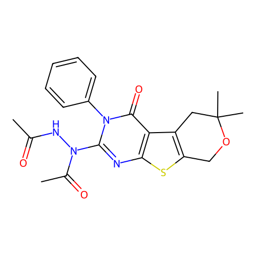 N'-acetyl-N-(6,6-dimethyl-4-oxo-3-phenyl-3,5,6,8-tetrahydro-4H-pyrano[4',3':4,5]thieno[2,3-d]pyrimidin-2-yl)acetohydrazide structure
