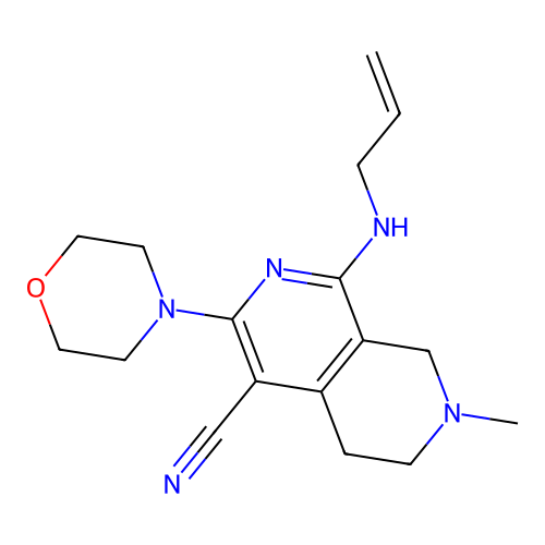 7-methyl-3-(4-morpholinyl)-1-(prop-2-enylamino)-6,8-dihydro-5H-2,7-naphthyridine-4-carbonitrile structure