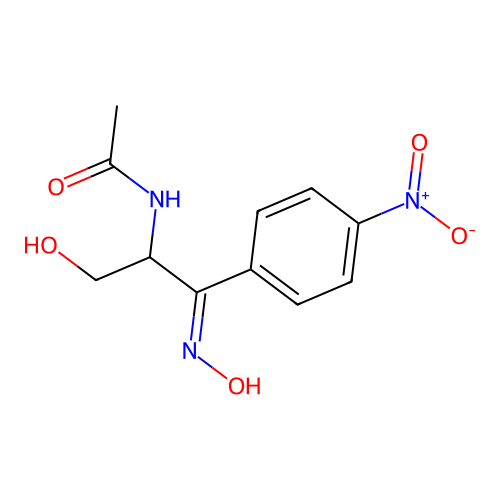 N-[(1E)-3-hydroxy-1-(hydroxyimino)-1-(4-nitrophenyl)propan-2-yl]acetamide structure