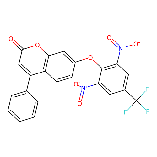 7-[2,6-dinitro-4-(trifluoromethyl)phenoxy]-4-phenyl-2H-chromen-2-one structure