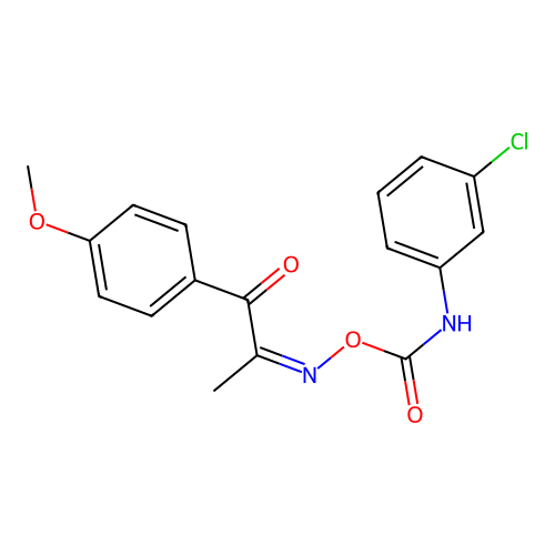 (2Z)-2-({[(3-chlorophenyl)carbamoyl]oxy}imino)-1-(4-methoxyphenyl)propan-1-one structure