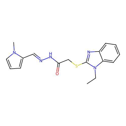 2-[(1-ethyl-1H-benzimidazol-2-yl)sulfanyl]-N'-[(E)-(1-methyl-1H-pyrrol-2-yl)methylidene]acetohydrazide structure