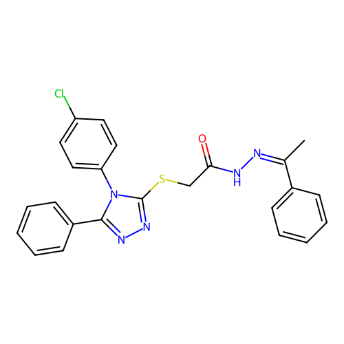 2-{[4-(4-chlorophenyl)-5-phenyl-4H-1,2,4-triazol-3-yl]sulfanyl}-N'-[(1E)-1-phenylethylidene]acetohydrazide structure