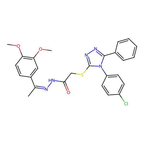 2-{[4-(4-chlorophenyl)-5-phenyl-4H-1,2,4-triazol-3-yl]sulfanyl}-N'-[(1E)-1-(3,4-dimethoxyphenyl)ethylidene]acetohydrazide structure