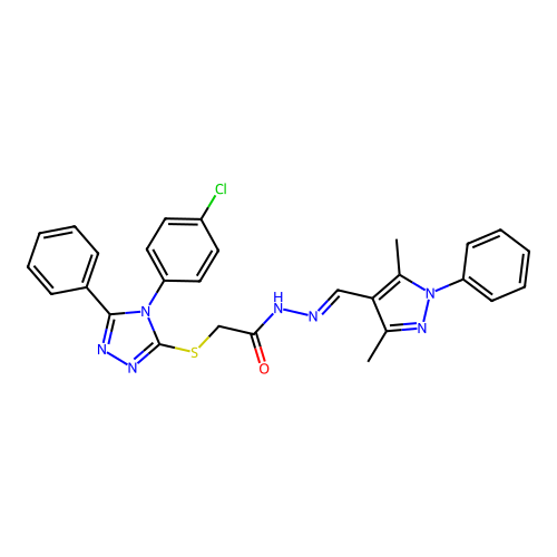 (E)-2-((4-(4-chlorophenyl)-5-phenyl-4H-1,2,4-triazol-3-yl)thio)-N'-((3,5-dimethyl-1-phenyl-1H-pyrazol-4-yl)methylene)acetohydrazide structure