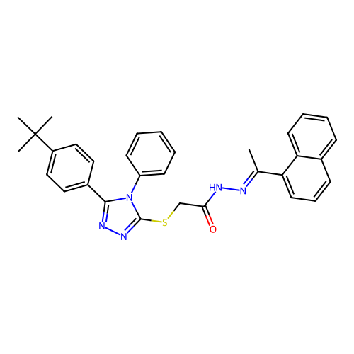(E)-2-((5-(4-(tert-butyl)phenyl)-4-phenyl-4H-1,2,4-triazol-3-yl)thio)-N'-(1-(naphthalen-1-yl)ethylidene)acetohydrazide structure