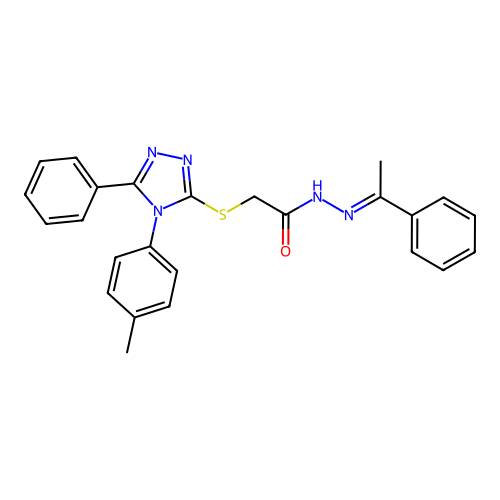 (E)-2-((5-phenyl-4-(p-tolyl)-4H-1,2,4-triazol-3-yl)thio)-N'-(1-phenylethylidene)acetohydrazide structure