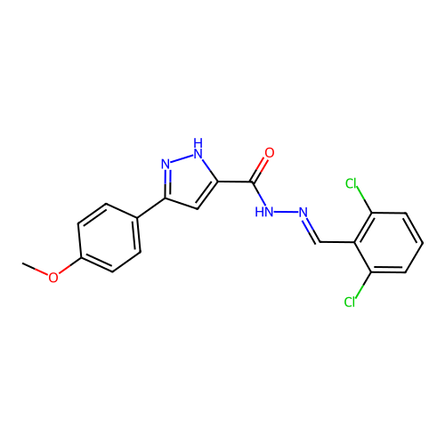 (E)-N'-(2,6-dichlorobenzylidene)-3-(4-methoxyphenyl)-1H-pyrazole-5-carbohydrazide structure