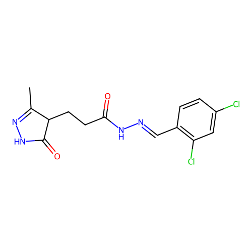 (E)-N'-(2,4-dichlorobenzylidene)-3-(3-methyl-5-oxo-4,5-dihydro-1H-pyrazol-4-yl)propanehydrazide structure