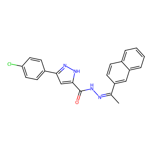 (Z)-3-(4-chlorophenyl)-N'-(1-(naphthalen-2-yl)ethylidene)-1H-pyrazole-5-carbohydrazide structure