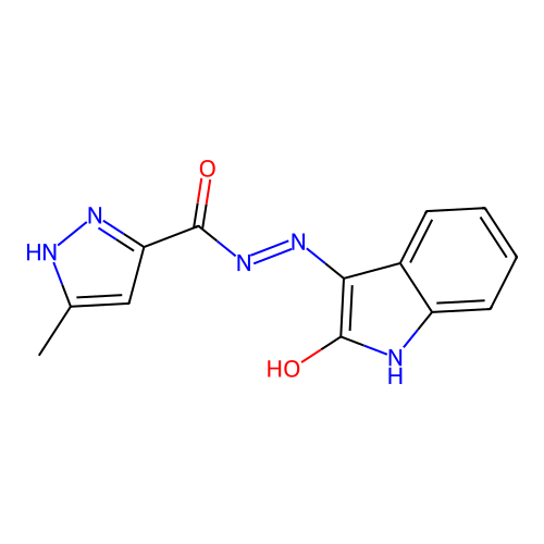 3-methyl-N-[(Z)-(2-oxoindolin-3-ylidene)amino]-1H-pyrazole-5-carboxamide structure