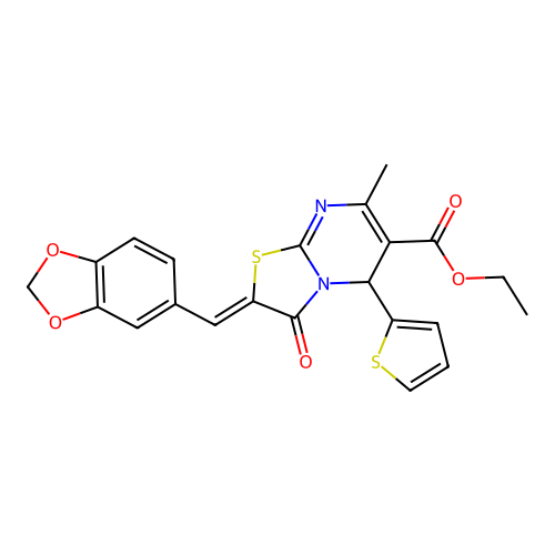 ethyl (2Z)-2-(1,3-benzodioxol-5-ylmethylidene)-7-methyl-3-oxo-5-(thiophen-2-yl)-2,3-dihydro-5H-[1,3]thiazolo[3,2-a]pyrimidine-6-carboxylate structure