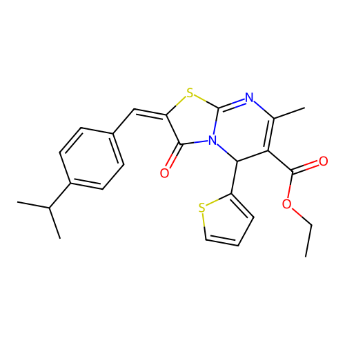 (E)-ethyl 2-(4-isopropylbenzylidene)-7-methyl-3-oxo-5-(thiophen-2-yl)-3,5-dihydro-2H-thiazolo[3,2-a]pyrimidine-6-carboxylate structure