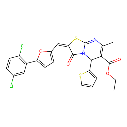 (E)-ethyl 2-((5-(2,5-dichlorophenyl)furan-2-yl)methylene)-7-methyl-3-oxo-5-(thiophen-2-yl)-3,5-dihydro-2H-thiazolo[3,2-a]pyrimidine-6-carboxylate structure