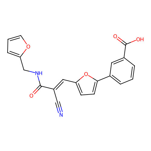 (E)-3-(5-(2-cyano-3-((furan-2-ylmethyl)amino)-3-oxoprop-1-en-1-yl)furan-2-yl)benzoic acid structure