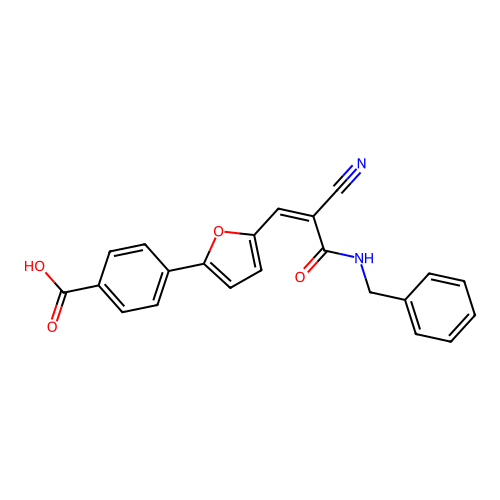 (Z)-4-(5-(3-(benzylamino)-2-cyano-3-oxoprop-1-en-1-yl)furan-2-yl)benzoic acid structure