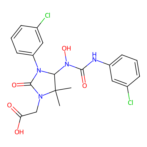 [3-(3-chlorophenyl)-4-{[(3-chlorophenyl)carbamoyl](hydroxy)amino}-5,5-dimethyl-2-oxoimidazolidin-1-yl]acetic acid structure