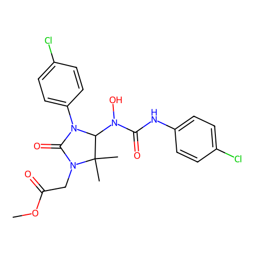 methyl [3-(4-chlorophenyl)-4-{[(4-chlorophenyl)carbamoyl](hydroxy)amino}-5,5-dimethyl-2-oxoimidazolidin-1-yl]acetate structure