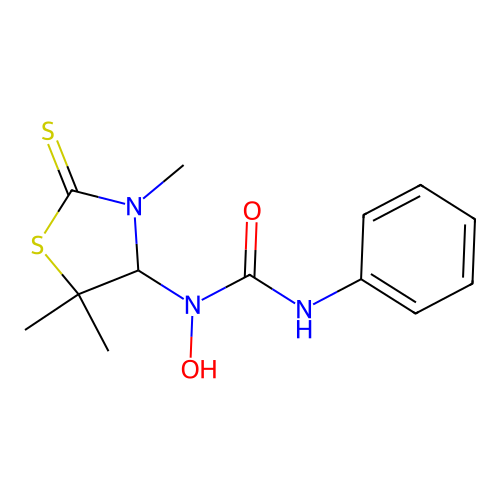 1-Hydroxy-3-phenyl-1-(3,5,5-trimethyl-2-thioxothiazolidin-4-yl)urea structure