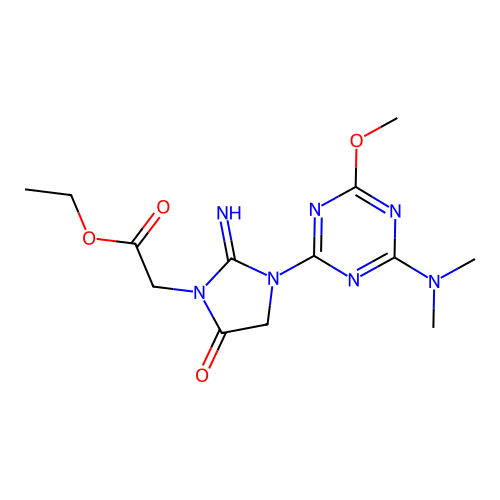 ethyl 2-(3-(4-(dimethylamino)-6-methoxy-1,3,5-triazin-2-yl)-2-imino-5-oxoimidazolidin-1-yl)acetate structure