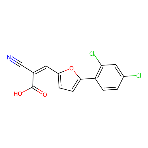 (2Z)-2-cyano-3-[5-(2,4-dichlorophenyl)furan-2-yl]prop-2-enoic acid structure