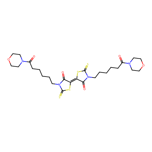 (E)-3,3'-bis(6-morpholino-6-oxohexyl)-2,2'-dithioxo-2H,2'H-[5,5'-bithiazolylidene]-4,4'(3H,3'H)-dione structure