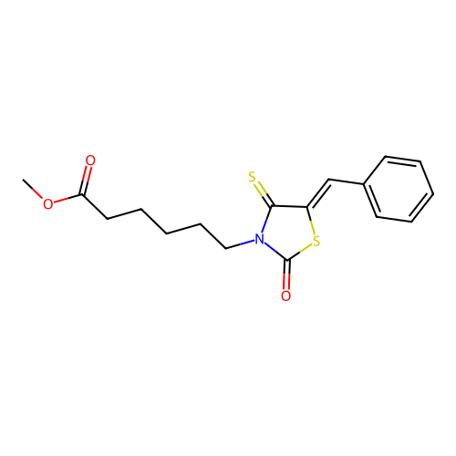 (E)-methyl 6-(5-benzylidene-2-oxo-4-thioxothiazolidin-3-yl)hexanoate structure
