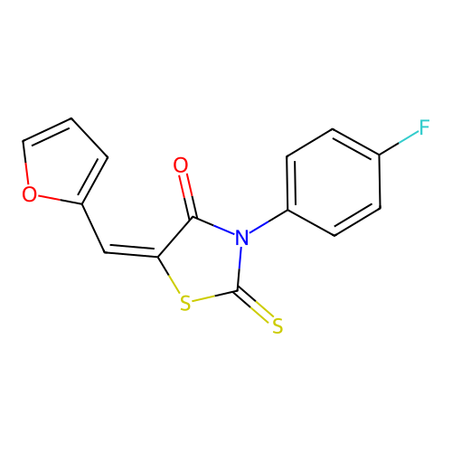 (E)-3-(4-fluorophenyl)-5-(furan-2-ylmethylene)-2-thioxothiazolidin-4-one structure