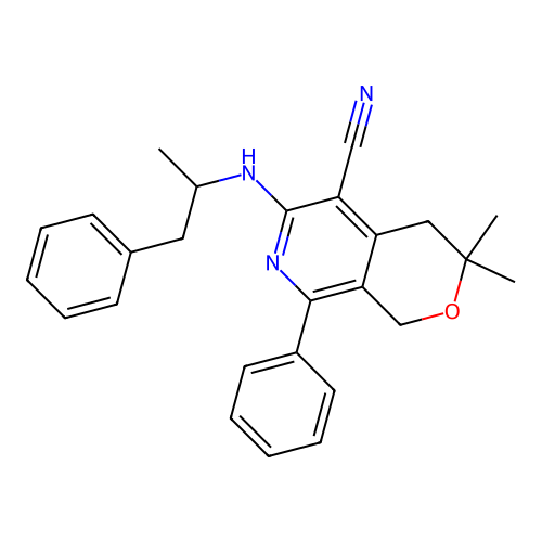 3,3-dimethyl-8-phenyl-6-((1-phenylpropan-2-yl)amino)-3,4-dihydro-1H-pyrano[3,4-c]pyridine-5-carbonitrile structure