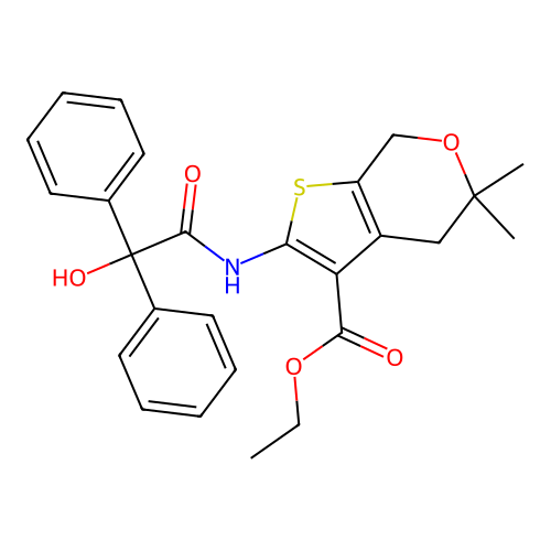 ethyl 2-(2-hydroxy-2,2-diphenylacetamido)-5,5-dimethyl-5,7-dihydro-4H-thieno[2,3-c]pyran-3-carboxylate structure