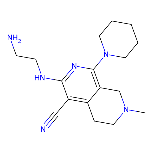 3-[(2-aminoethyl)amino]-7-methyl-1-(piperidin-1-yl)-5,6,7,8-tetrahydro-2,7-naphthyridine-4-carbonitrile structure