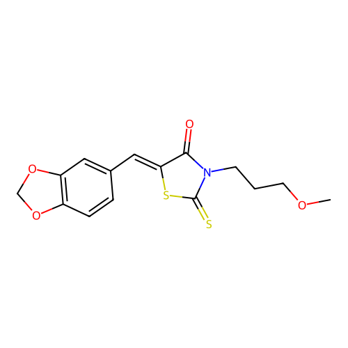 (Z)-5-(benzo[d][1,3]dioxol-5-ylmethylene)-3-(3-methoxypropyl)-2-thioxothiazolidin-4-one structure