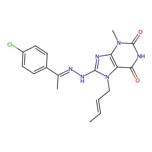 7-[(2E)-but-2-en-1-yl]-8-[(2E)-2-[1-(4-chlorophenyl)ethylidene]hydrazin-1-yl]-3-methyl-2,3,6,7-tetrahydro-1H-purine-2,6-dione structure