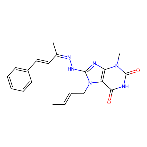 7-((E)-but-2-en-1-yl)-3-methyl-8-((Z)-2-((E)-4-phenylbut-3-en-2-ylidene)hydrazinyl)-1H-purine-2,6(3H,7H)-dione structure