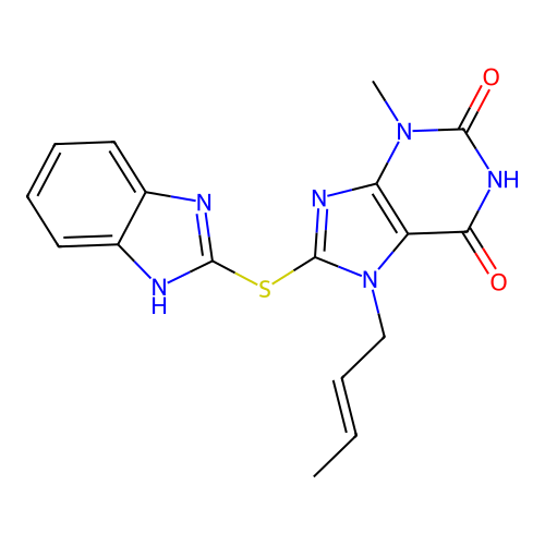 8-(1H-benzimidazol-2-ylsulfanyl)-7-[(E)-but-2-enyl]-3-methylpurine-2,6-dione structure