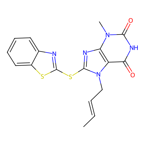 8-(1,3-benzothiazol-2-ylsulfanyl)-7-[(E)-but-2-enyl]-3-methylpurine-2,6-dione structure