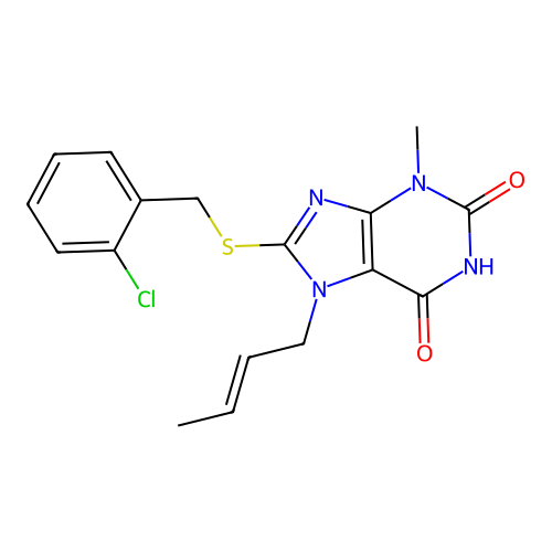 7-[(E)-but-2-enyl]-8-[(2-chlorophenyl)methylsulfanyl]-3-methylpurine-2,6-dione structure